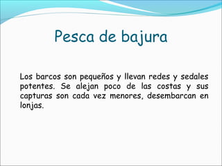 Pesca de bajura
Los barcos son pequeños y llevan redes y sedales
potentes. Se alejan poco de las costas y sus
capturas son cada vez menores, desembarcan en
lonjas.
 