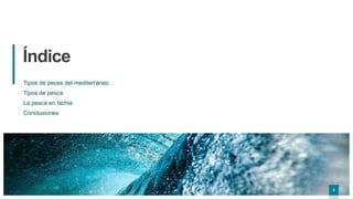 2
2
Índice
Tipos de peces del mediterráneo
Tipos de pesca
La pesca en Ischia
Conclusiones
2
 