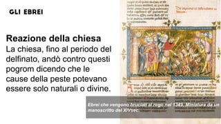 Ebrei che vengono bruciati al rogo nel 1349. Miniatura da un
manoscritto del XIVsec.
Reazione della chiesa
La chiesa, fino al periodo del
delfinato, andò contro questi
pogrom dicendo che le
cause della peste potevano
essere solo naturali o divine.
 