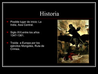 Historia Posible lugar de inicio: La India, Asia Central. Siglo XVI,entre los años 1347-1361. Traída  a Europa por los ejércitos Mongoles, Ruta de Crimea. 