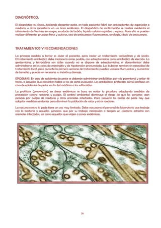 DIAGNÓSTICO.
El diagnóstico es clínico, debiendo descartar peste, en todo paciente febril con antecedentes de exposición a
roedores u otros mamíferos en un área endémica. El diagnóstico de confirmación se realiza mediante el
aislamiento de Yersinia en sangre, exudado de bubón, liquido cefalorraquídeo o esputo. Para ello se pueden
realizar diferentes pruebas: frotis y cultivos, test de anticuerpos fluorescentes, serología, título de anticuerpos.



TRATAMIENTOS Y RECOMENDACIONES
La primera medida a tomar es aislar al paciente, para iniciar un tratamiento sintomático y de sostén.
El tratamiento antibiótico debe iniciarse lo antes posible, con estreptomicina como antibiótico de elección. La
gentamicina, y tetraciclina son útiles cuando no se dispone de estreptomicina; el cloramfenicol debe
administrarse en los casos de meningitis y de hipotensión pronunciada. Los bubones remiten sin necesidad de
tratamiento local, pero durante la primera semana de tratamiento pueden volverse fluctuantes y aumentar
de tamaño y puede ser necesaria su incisión y drenaje.

EPIDEMIAS: En caso de epidemia de peste se deberán administrar antibióticos por vía parenteral y aislar 48
horas, a aquellos que presenten fiebre o tos de corta evolución. Los antibióticos preferidos como profilaxis en
caso de epidemia de peste son las tetraciclinas o las sulfamidas.

La profilaxis (prevención) en áreas endémicas se basa en evitar la picadura adoptando medidas de
protección contra roedores y pulgas. El control ambiental disminuye el riesgo de que las personas sean
picadas por pulgas de roedores y otros animales infectados. Para prevenir los brotes de peste hay que
adoptar medidas sanitarias para disminuir la población de ratas y otros roedores.

La vacuna contra la peste tiene un uso muy limitado. Debe vacunarse el personal de laboratorio que trabaje
con la bacteria y aquellas personas que por su trabajo manipulen o tengan un contacto estrecho con
animales infectados, así como aquellos que viajen a zonas endémicas.




                                                        26
 