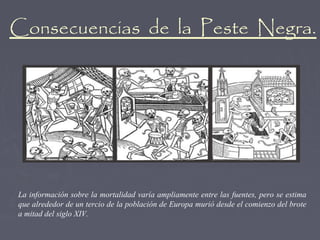 Consecuencias de la Peste Negra.




La información sobre la mortalidad varía ampliamente entre las fuentes, pero se estima
que alrededor de un tercio de la población de Europa murió desde el comienzo del brote
a mitad del siglo XIV.
 