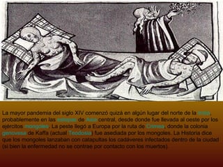 La mayor pandemia del siglo XIV comenzó quizá en algún lugar del norte de la  India , probablemente en las  estepas  de  Asia  central, desde donde fue llevada al oeste por los ejércitos  mongoles . La peste llegó a Europa por la ruta de  Crimea , donde la colonia  genovesa  de Kaffa (actual  Teodosia ) fue asediada por los mongoles. La Historia dice que los mongoles lanzaban con catapultas los cadáveres infectados dentro de la ciudad (si bien la enfermedad no se contrae por contacto con los muertos). 