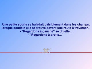 Une petite souris se baladait paisiblement dans les champs,
lorsque soudain elle se trouva devant une route à traverser...
- "Regardons à gauche" se dit-elle...
- "Regardons à droite..."
 