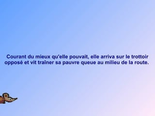 Courant du mieux qu'elle pouvait, elle arriva sur le trottoir
opposé et vit traîner sa pauvre queue au milieu de la route.
 