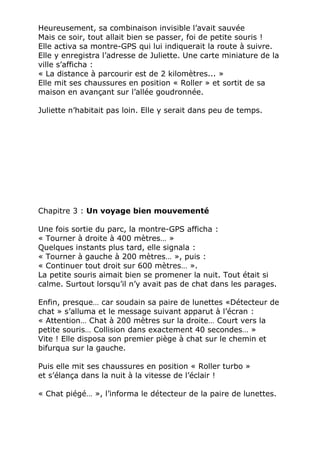 Heureusement, sa combinaison invisible l’avait sauvée
Mais ce soir, tout allait bien se passer, foi de petite souris !
Elle activa sa montre-GPS qui lui indiquerait la route à suivre.
Elle y enregistra l’adresse de Juliette. Une carte miniature de la
ville s’afficha :
« La distance à parcourir est de 2 kilomètres... »
Elle mit ses chaussures en position « Roller » et sortit de sa
maison en avançant sur l’allée goudronnée.
Juliette n’habitait pas loin. Elle y serait dans peu de temps.
Chapitre 3 : Un voyage bien mouvementé
Une fois sortie du parc, la montre-GPS afficha :
« Tourner à droite à 400 mètres… »
Quelques instants plus tard, elle signala :
« Tourner à gauche à 200 mètres… », puis :
« Continuer tout droit sur 600 mètres… ».
La petite souris aimait bien se promener la nuit. Tout était si
calme. Surtout lorsqu’il n’y avait pas de chat dans les parages.
Enfin, presque… car soudain sa paire de lunettes «Détecteur de
chat » s’alluma et le message suivant apparut à l’écran :
« Attention… Chat à 200 mètres sur la droite… Court vers la
petite souris… Collision dans exactement 40 secondes… »
Vite ! Elle disposa son premier piège à chat sur le chemin et
bifurqua sur la gauche.
Puis elle mit ses chaussures en position « Roller turbo »
et s’élança dans la nuit à la vitesse de l’éclair !
« Chat piégé… », l’informa le détecteur de la paire de lunettes.
 