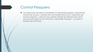 Control Pesquero
 Los inspectores de pesca controlarán en desembarcaderos, restaurantes,
centros de acopio, y demás sitios de posible extracción y expendio del
recurso langosta, y precisó que quienes infrinjan las disposiciones serán
sancionados según la Ley de Pesca y Desarrollo Pesquero, o puestos a
órdenes de la Fiscalía.
 