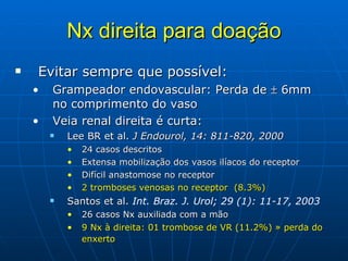 Nx direita para doação Evitar sempre que possível: Grampeador endovascular: Perda de    6mm no comprimento do vaso Veia renal direita é curta: Lee BR et al.  J Endourol, 14: 811-820, 2000 24 casos descritos  Extensa mobilização dos vasos ilíacos do receptor Difícil anastomose no receptor 2 tromboses venosas no receptor   (8.3%) Santos et al.  Int. Braz. J. Urol; 29 (1): 11-17, 2003 26 casos Nx auxiliada com a mão 9 Nx à direita: 01 trombose de VR (11.2%) » perda do enxerto     