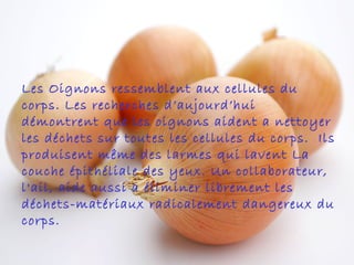 Les Oignons ressemblent aux cellules du
corps. Les recherches d’aujourd’hui
démontrent que les oignons aident a nettoyer
les déchets sur toutes les cellules du corps. Ils
produisent même des larmes qui lavent La
couche épithéliale des yeux. Un collaborateur,
l'ail, aide aussi a éliminer librement les
déchets-matériaux radicalement dangereux du
corps.
 