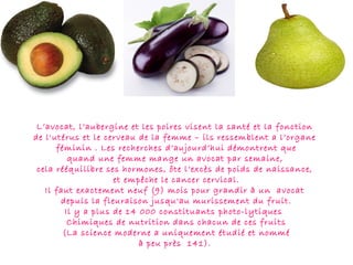 L’avocat, l’aubergine et les poires visent la santé et la fonction
de l'utérus et le cerveau de la femme – ils ressemblent a l’organe
      féminin . Les recherches d’aujourd’hui démontrent que
          quand une femme mange un avocat par semaine,
 cela rééquilibre ses hormones, ôte l’excès de poids de naissance,
                     et empêche le cancer cervical.
   Il faut exactement neuf (9) mois pour grandir à un avocat
       depuis la fleuraison jusqu'au murissement du fruit.
         Il y a plus de 14 000 constituants photo-lytiques
          Chimiques de nutrition dans chacun de ces fruits
        (La science moderne a uniquement étudié et nommé
                           à peu près 141).
 