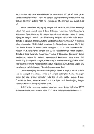 27
(laboratorium, perpustakaan) dengan luas lantai dasar 470,69 m2
, luas garasi
kendaraan bagian bawah 173,46 m2
dengan bagian belakang berlantai dua, Pos
Satpam 36,19 m2
, gudang 78,59 m2
, menara air 14,34 m2
dan luas aula 648,65
m2
.
Kebun Percobaan Kayuagung dengan luas lahan 26,6 ha, status tanahnya
adalah hak guna pakai. Berada di Desa Sidakersa Kecamatan Kota Kayu Agung
Kabupaten Ogan Komering Ilir dengan agroekosistem Lebak. Kebun ini dapat
dijangkau dengan mudah dari Palembang dengan kendaraan roda empat.
Berada di tepi jalan Trans Sumatera. Berdasarkan tipenya maka KP ini memiliki
lahan lebak dalam 49,4%, lebak tengahan 19,4% dan lebak dangkal 31,2% dari
luas lahan. Kebun ini berada pada ketinggian 31 m di atas permukaan laut.
Adapun KP. Karang Agung dengan luas 20 ha, status tanahnya adalah pinjaman.
Berada di Desa Sukamulia Kecamatan Tungkal Ilir Kabupaten Banyuasin. Untuk
menjangkau kebun ini, setelah mengendarai kendaraan roda empat dari
Palembang kurang lebih 3,5 jam, maka dilanjutkan dengan menggunakan speed
boat selama 30 menit. Agroekosistem kebun ini pasang surut, bertipe luapan B/C
yang berada pada ketinggian 29 m di atas permukaan laut.
Untuk menunjang pelaksanaan tugasnya, maka di lingkup BPTP Sumsel
saat ini terdapat 8 kendaraan dinas roda empat, sedangkan fasilitas lapangan
terdiri dari alat angkut bermotor roda tiga 4 unit, traktor tangan 4 unit,
Transplanter 1 unit, perontok gabah 2 unit, box dryer 2 unit dan ditunjang dengan
beberapa fasilitas untuk pengolahan benih.
Lebih lanjut mengenai keadaan kekayaan barang bergerak lingkup BPTP
Sumatera Selatan sampai akhir tahun 2016 dapat dilihat pada Tabel berikut ini.
 