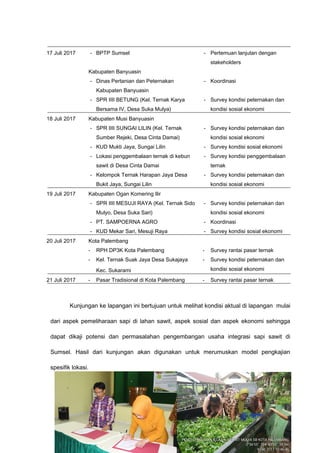 17 Juli 2017 - BPTP Sumsel - Pertemuan lanjutan dengan
stakeholders
Kabupaten Banyuasin
- Dinas Pertanian dan Peternakan
Kabupaten Banyuasin
- Koordinasi
- SPR IIII BETUNG (Kel. Ternak Karya
Bersama IV, Desa Suka Mulya)
- Survey kondisi peternakan dan
kondisi sosial ekonomi
18 Juli 2017 Kabupaten Musi Banyuasin
- SPR IIII SUNGAI LILIN (Kel. Ternak
Sumber Rejeki, Desa Cinta Damai)
- Survey kondisi peternakan dan
kondisi sosial ekonomi
- KUD Mukti Jaya, Sungai Lilin - Survey kondisi sosial ekonomi
- Lokasi penggembalaan ternak di kebun
sawit di Desa Cinta Damai
- Survey kondisi penggembalaan
ternak
- Kelompok Ternak Harapan Jaya Desa
Bukit Jaya, Sungai Lilin
- Survey kondisi peternakan dan
kondisi sosial ekonomi
19 Juli 2017 Kabupaten Ogan Komering Ilir
- SPR IIII MESUJI RAYA (Kel. Ternak Sido
Mulyo, Desa Suka Sari)
- Survey kondisi peternakan dan
kondisi sosial ekonomi
- PT. SAMPOERNA AGRO - Koordinasi
- KUD Mekar Sari, Mesuji Raya - Survey kondisi sosial ekonomi
20 Juli 2017 Kota Palembang
- RPH DP3K Kota Palembang - Survey rantai pasar ternak
- Kel. Ternak Suak Jaya Desa Sukajaya
Kec. Sukarami
- Survey kondisi peternakan dan
kondisi sosial ekonomi
21 Juli 2017 - Pasar Tradisional di Kota Palembang - Survey rantai pasar ternak
Kunjungan ke lapangan ini bertujuan untuk melihat kondisi aktual di lapangan mulai
dari aspek pemeliharaan sapi di lahan sawit, aspek sosial dan aspek ekonomi sehingga
dapat dikaji potensi dan permasalahan pengembangan usaha integrasi sapi sawit di
Sumsel. Hasil dari kunjungan akan digunakan untuk merumuskan model pengkajian
spesifik lokasi.
36
 