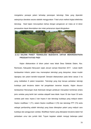 mengetahui persepsi petani terhadap penerapan teknologi. Data yang diperoleh
selanjutnya dianalisis secara statistik menggunakan T-test untuk melihat tingkat efektivitas
teknologi. Hasil kajian menunjukkan bahwa dengan pengaturan air maka air di lahan
persawahan dapat dikendalikan dan indek pertanaman dapat ditingkatkan
2.3.2 KAJIAN PAKET TEKNOLOGI BUDIDAYA UNTUK MENINGKATKAN
PRODUKTIVITAS PADI
Kajian dilaksanakan di lahan petani rawa lebak Desa Gelebak Dalam, Kec.
Rambutan, Kabupaten Banyuasin sejak Januari sampai Desember 2017. Lokasi dipilih
berdasarkan kriteria: petani mau menerapkan teknologi yang dianjurkan, lokasi mudah
dijangkau dan petani bersifat kooperatif. Demplot dilaksanakan pada lahan seluas 3 ha
yang melibatkan 6 petani kooperator. Teknologi yang diuji berupa perbaikan teknolgi
budidaya padi terutama dalam hal pengelolaan tanaman terpadu. Kajian disusun
berdasarkan Rancangan Acak Kelompok dengan perlakuan merupakan kombinasi antara
jenis varietas yang terdiri dari varietas adapatif rawa lebak: Inpari 30 dan Inpari 33 serta
varietas padi rawa: Inpara 2 dan Inpara 4 dan teknologi budidaya yang meliputi sistem
Hazton modifikasi 1 (T1), sistem Hazton modifikasi 2 (T2) dan teknologi PTT (T3) serta
sebagai pembanding adalah teknologi yang biasa diterapkan petani yang meliputi cara
budidaya dan penggunaan varietas. Modifikasi Hazton yang diterapkan terutama dalam hal
perbedaan umur dan jumlah bibit. Tujuan kegiatan adalah menguji beberapa paket
58
 