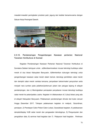 masalah-masalah peningkatan produksi padi, jagung dan kedelai bersama-sama dengan
Satuan Kerja Perangkat Daerah.
2.3.12. Pendampingan Pengembangan Kawasan pertanian Nasional
Tanaman Hortikultura di Sumsel
Kegiatan Pendampingan Kawasan Pertanian Nasional Tanaman Hortikultura di
Sumatera Selatan bertujuan untuk ; a)Mendiseminasikan inovasi teknologi budidaya cabai
merah di dua lokasi Kabupaten Banyuasin, b)Memberikan dukungan teknologi untuk
pengembangan kawasan cabai merah dalam bentuk; teknologi pembibitan cabai merah
dan demplot cabai merah varietas kencana, penyediaan bahan/materi penyuluhan serta
menjadi nara sumber pada pelatihan/pertemuan petani dan petugas lapang di wilayah
pendampingan, dan c) Meningkatkan percepatan penyebaran inovasi teknologi budidaya
cabai merah ke petani/pelaku usaha. Kegiatan ini dilaksanakan di 2 (dua) lokasi yang ada
di wilayah Kabupaten Banyuasin. Pelaksanaan pendampingan dimulai dari bulan Januari
hingga Desember 2017. Tahapan pelaksanaan kegiatan ini meliputi; 1)koordinasi,
persiapan, 2) Penetapan Calon Petani Calon Lokasi, 3)sosialisasi kegiatan, 4) pelaksanaan
demplot/display VUB cabai merah dan pengawalan teknologinya, 5) Pengumpulan dan
pengolahan data, 6) seminar hasil kegiatan dan 7) Pelaporan hasil kegiatan. Perkiraan
76
 