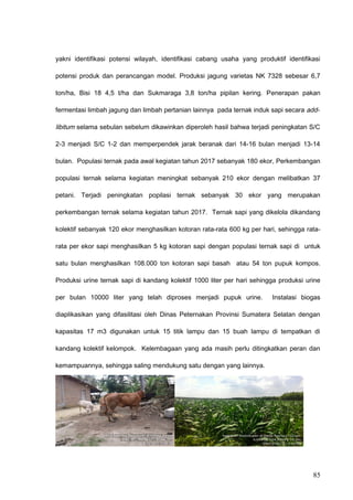 yakni identifikasi potensi wilayah, identifikasi cabang usaha yang produktif identifikasi
potensi produk dan perancangan model. Produksi jagung varietas NK 7328 sebesar 6,7
ton/ha, Bisi 18 4,5 t/ha dan Sukmaraga 3,8 ton/ha pipilan kering. Penerapan pakan
fermentasi limbah jagung dan limbah pertanian lainnya pada ternak induk sapi secara add-
libitum selama sebulan sebelum dikawinkan diperoleh hasil bahwa terjadi peningkatan S/C
2-3 menjadi S/C 1-2 dan memperpendek jarak beranak dari 14-16 bulan menjadi 13-14
bulan. Populasi ternak pada awal kegiatan tahun 2017 sebanyak 180 ekor, Perkembangan
populasi ternak selama kegiatan meningkat sebanyak 210 ekor dengan melibatkan 37
petani. Terjadi peningkatan popilasi ternak sebanyak 30 ekor yang merupakan
perkembangan ternak selama kegiatan tahun 2017. Ternak sapi yang dikelola dikandang
kolektif sebanyak 120 ekor menghasilkan kotoran rata-rata 600 kg per hari, sehingga rata-
rata per ekor sapi menghasilkan 5 kg kotoran sapi dengan populasi ternak sapi di untuk
satu bulan menghasilkan 108.000 ton kotoran sapi basah atau 54 ton pupuk kompos.
Produksi urine ternak sapi di kandang kolektif 1000 liter per hari sehingga produksi urine
per bulan 10000 liter yang telah diproses menjadi pupuk urine. Instalasi biogas
diaplikasikan yang difasilitasi oleh Dinas Peternakan Provinsi Sumatera Selatan dengan
kapasitas 17 m3 digunakan untuk 15 titik lampu dan 15 buah lampu di tempatkan di
kandang kolektif kelompok. Kelembagaan yang ada masih perlu ditingkatkan peran dan
kemampuannya, sehingga saling mendukung satu dengan yang lainnya.
85
 