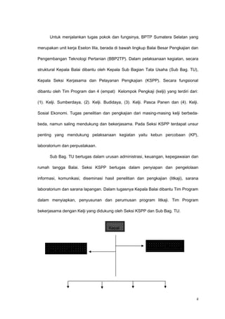 Untuk menjalankan tugas pokok dan fungsinya, BPTP Sumatera Selatan yang
merupakan unit kerja Eselon IIIa, berada di bawah lingkup Balai Besar Pengkajian dan
Pengembangan Teknologi Pertanian (BBP2TP). Dalam pelaksanaan kegiatan, secara
struktural Kepala Balai dibantu oleh Kepala Sub Bagian Tata Usaha (Sub Bag. TU),
Kepala Seksi Kerjasama dan Pelayanan Pengkajian (KSPP). Secara fungsional
dibantu oleh Tim Program dan 4 (empat) Kelompok Pengkaji (kelji) yang terdiri dari:
(1). Kelji. Sumberdaya, (2). Kelji. Budidaya, (3). Kelji. Pasca Panen dan (4). Kelji.
Sosial Ekonomi. Tugas penelitian dan pengkajian dari masing-masing kelji berbeda-
beda, namun saling mendukung dan bekerjasama. Pada Seksi KSPP terdapat unsur
penting yang mendukung pelaksanaan kegiatan yaitu kebun percobaan (KP),
laboratorium dan perpustakaan.
Sub Bag. TU bertugas dalam urusan administrasi, keuangan, kepegawaian dan
rumah tangga Balai. Seksi KSPP bertugas dalam penyiapan dan pengelolaan
informasi, komunikasi, diseminasi hasil penelitian dan pengkajian (litkaji), sarana
laboratorium dan sarana lapangan. Dalam tugasnya Kepala Balai dibantu Tim Program
dalam menyiapkan, penyusunan dan perumusan program litkaji. Tim Program
bekerjasama dengan Kelji yang didukung oleh Seksi KSPP dan Sub Bag. TU.
4
Kepal
Ka. Sie KSPP
Ka. Sub Bag. TU
 