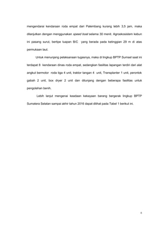 mengendarai kendaraan roda empat dari Palembang kurang lebih 3,5 jam, maka
dilanjutkan dengan menggunakan speed boat selama 30 menit. Agroekosistem kebun
ini pasang surut, bertipe luapan B/C yang berada pada ketinggian 29 m di atas
permukaan laut.
Untuk menunjang pelaksanaan tugasnya, maka di lingkup BPTP Sumsel saat ini
terdapat 8 kendaraan dinas roda empat, sedangkan fasilitas lapangan terdiri dari alat
angkut bermotor roda tiga 4 unit, traktor tangan 4 unit, Transplanter 1 unit, perontok
gabah 2 unit, box dryer 2 unit dan ditunjang dengan beberapa fasilitas untuk
pengolahan benih.
Lebih lanjut mengenai keadaan kekayaan barang bergerak lingkup BPTP
Sumatera Selatan sampai akhir tahun 2016 dapat dilihat pada Tabel 1 berikut ini.
6
 