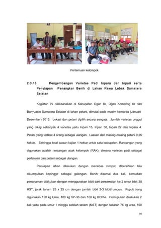 Pertemuan kelompok
2.3.18 Pengembangan Varietas Padi Inpara dan Inpari serta
Penyiapan Penangkar Benih di Lahan Rawa Lebak Sumatera
Selatan
Kegiatan ini dilaksanakan di Kabupaten Ogan Ilir, Ogan Komering Ilir dan
Banyuasin Sumatera Selatan di lahan petani, dimulai pada musim kemarau (Januari-
Desember) 2016. Lokasi dan petani dipilih secara sengaja. Jumlah varietas unggul
yang dikaji sebanyak 4 varietas yaitu Inpari 15, Inpari 30, Inpari 22 dan Inpara 4.
Petani yang terlibat 4 orang sebagai ulangan. Luasan dari masing-masing petani 0,25
hektar. Sehingga total luasan kajian 1 hektar untuk satu kabupaten. Rancangan yang
digunakan adalah rancangan acak kelompok (RAK), dimana varietas padi sebagai
perlakuan dan petani sebagai ulangan.
Persiapan lahan dilakukan dengan menebas rumput, dibersihkan lalu
dikumpulkan kepinggir sebagai galengan. Benih disemai dua kali, kemudian
penanaman dilakukan dengan menggunakan bibit dari persemaian ke-2 umur bibit 30
HST, jarak tanam 25 x 25 cm dengan jumlah bibit 2-3 bibit/rumpun. Pupuk yang
digunakan 150 kg Urea, 100 kg SP-36 dan 100 kg KCl/ha. Pemupukan dilakukan 2
kali yaitu pada umur 1 minggu setelah tanam (MST) dengan takaran 75 kg urea, 100
80
 