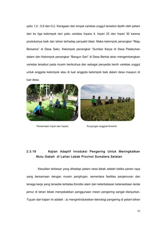 yaitu 1,0 ; 0,8 dan 0,2. Keragaan dari empat varietas unggul tersebut dipilih oleh petani
dari ke tiga kelompok tani yaitu varietas Inpara 4, Inpari 22 dan Inpari 30 karena
produksinya baik dan tahan terhadap penyakit blast. Maka kelompok penangkar “Maju
Bersama” di Desa Sako, Kelompok penangkar “Sumber Karya di Desa Pelabuhan
dalam dan Kelompok penangkar “Bangun Sari” di Desa Berkat akan mengembangkan
varietas tersebut pada musim berikutnya dan sebagai penyedia benih varietas unggul
untuk anggota kelompok atau di luar anggota kelompok baik dalam desa maupun di
luar desa.
Persemaian Inpari dan Inpara Kunjungan anggota Koramil
2.3.19 Kajian Adaptif Inroduksi Pengering Untuk Meningkatkan
Mutu Gabah di Lahan Lebak Provinsi Sumatera Selatan
Kesulitan terbesar yang dihadapi petani rawa lebak adalah ketika panen raya
yang bersamaan dengan musim penghujan, sementara fasilitas penjemuran dan
tenaga kerja yang tersedia terbatas.Kondisi alam dan keterbatasan ketersediaan lantai
jemur di lahan lebak menyebabkan penggunaan mesin pengering sangat dianjurkan.
Tujuan dari kajian ini adalah : a) mengintroduksikan teknologi pengering di petani lahan
82
 