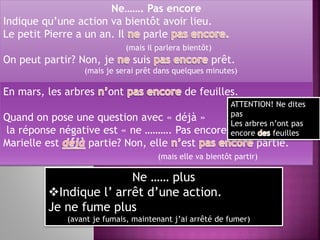 Ne……. Pas encore
Indique qu’une action va bientôt avoir lieu.
Le petit Pierre a un an. Il parle
(mais il parlera bientôt)
On peut partir? Non, je suis prêt.
(mais je serai prêt dans quelques minutes)
En mars, les arbres ont de feuilles.
Quand on pose une question avec « déjà »
la réponse négative est « ne ………. Pas encore »
Marielle est partie? Non, elle est partie.
(mais elle va bientôt partir)
Ne …… plus
Indique l’ arrêt d’une action.
Je ne fume plus
(avant je fumais, maintenant j’ai arrêté de fumer)
ATTENTION! Ne dites
pas
Les arbres n’ont pas
encore feuilles
 