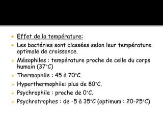  Effet de la température:
 Les bactéries sont classées selon leur température
optimale de croissance.
 Mésophiles : température proche de celle du corps
humain (37°C)
 Thermophile : 45 à 70°C.
 Hyperthermophile: plus de 80°C.
 Psychrophile : proche de 0°C.
 Psychrotrophes : de -5 à 35°C (optimum : 20-25°C)
 