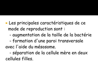  Les principales caractéristiques de ce
mode de reproduction sont :
- augmentation de la taille de la bactérie
- formation d'une paroi transversale
avec l'aide du mésosome.
- séparation de la cellule mère en deux
cellules filles.
 