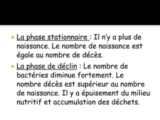  La phase stationnaire : Il n’y a plus de
naissance. Le nombre de naissance est
égale au nombre de décès.
 La phase de déclin : Le nombre de
bactéries diminue fortement. Le
nombre décès est supérieur au nombre
de naissance. Il y a épuisement du milieu
nutritif et accumulation des déchets.
 