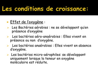  Effet de l’oxygène :
 Les Bactéries aérobies : ne se développent qu’en
présence d’oxygène
 Les bactéries aéro-anaérobies : Elles vivent en
présence ou non d’oxygène.
 Les bactéries anaérobies : Elles vivent en absence
d’oxygène.
 Les bactéries micro-aérophiles: se développant
uniquement lorsque la teneur en oxygène
moléculaire est réduite.
 