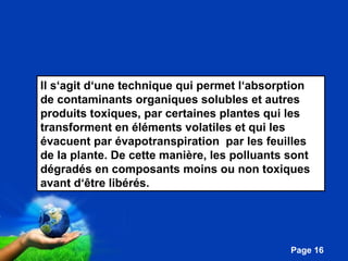 Il s‘agit d‘une technique qui permet l‘absorption 
de contaminants organiques solubles et autres 
produits toxiques, par certaines plantes qui les 
transforment en éléments volatiles et qui les 
évacuent par évapotranspiration par les feuilles 
de la plante. De cette manière, les polluants sont 
dégradés en composants moins ou non toxiques 
avant d‘être libérés. 
Pour plus de modèles : Modèles Powerpoint PPT gratuits 
Page 16 
 