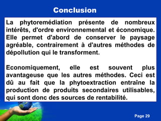 Pour plus de modèles : Modèles Powerpoint PPT gratuits 
Page 29 
Conclusion 
La phytoremédiation présente de nombreux 
intérêts, d'ordre environnemental et économique. 
Elle permet d'abord de conserver le paysage 
agréable, contrairement à d'autres méthodes de 
dépollution qui le transforment. 
Economiquement, elle est souvent plus 
avantageuse que les autres méthodes. Ceci est 
dû au fait que la phytoextraction entraîne la 
production de produits secondaires utilisables, 
qui sont donc des sources de rentabilité. 
 