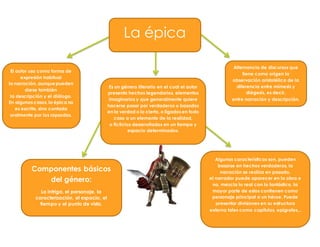 La épica
Es un género literario en el cual el autor
presenta hechos legendarios, elementos
imaginarios y que generalmente quiere
hacerse pasar por verdaderos o basados
en la verdad o lo cierto, o ligados en todo
caso a un elemento de la realidad,
o ficticios desarrollados en un tiempo y
espacio determinados.
El autor usa como forma de
expresión habitual
la narración, aunque pueden
darse también
la descripción y el diálogo.
En algunos casos, la épica no
es escrita, sino contada
oralmente por los rapsodas.
Alternancia de discursos que
tiene como origen la
observación aristotélica de la
diferencia entre mímesis y
diégesis, es decir,
entre narración y descripción.
Componentes básicos
del género:
La intriga, el personaje, la
caracterización, el espacio, el
tiempo y el punto de vista.
Algunas características son, pueden
basarse en hechos verdaderos, la
narración se realiza en pasado,
el narrador puede aparecer en la obra o
no, mezcla lo real con lo fantástico, la
mayor parte de estos contienen como
personaje principal a un héroe, Puede
presentar divisiones en su estructura
externa tales como capítulos, epígrafes...