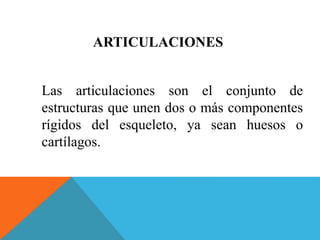 ARTICULACIONES 
Las articulaciones son el conjunto de 
estructuras que unen dos o más componentes 
rígidos del esqueleto, ya sean huesos o 
cartílagos. 
 