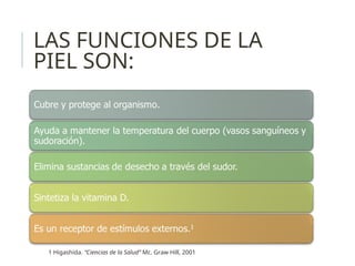 LAS FUNCIONES DE LA
PIEL SON:
1 Higashida. “Ciencias de la Salud” Mc. Graw Hill, 2001
 