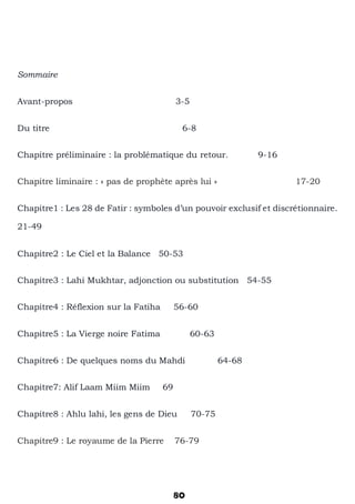 80
Sommaire
Avant-propos 3-5
Du titre 6-8
Chapitre préliminaire : la problématique du retour. 9-16
Chapitre liminaire : « pas de prophète après lui » 17-20
Chapitre1 : Les 28 de Fatir : symboles d’un pouvoir exclusif et discrétionnaire.
21-49
Chapitre2 : Le Ciel et la Balance 50-53
Chapitre3 : Lahi Mukhtar, adjonction ou substitution 54-55
Chapitre4 : Réflexion sur la Fatiha 56-60
Chapitre5 : La Vierge noire Fatima 60-63
Chapitre6 : De quelques noms du Mahdi 64-68
Chapitre7: Alif Laam Miim Miim 69
Chapitre8 : Ahlu lahi, les gens de Dieu 70-75
Chapitre9 : Le royaume de la Pierre 76-79
 