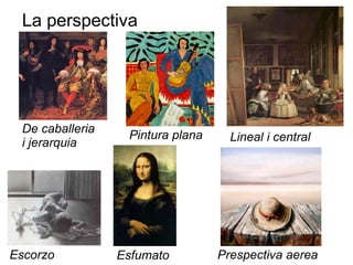La perspectiva
De caballeria
i jerarquia
Pintura plana Lineal i central
Escorzo Esfumato Prespectiva aerea
 