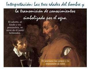 Interpretación: Las tres edades del hombre y
la transmisión de conocimientos
simbolizada por el agua.
El anciano los posee y lo
transmite al niño
El adulto, al
fondo y en
penumbra, se
sirve de él (está
bebiendo).
 