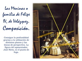 Prof. Félix González Chicote 138
Las Meninas o
familia de Felipe
IV, de Velázquez.
Composición.
Consigue la profundidad
gracias a la utilización de
distintos planos y las
líneas de perspectiva. La
figura del aposentador,
José Nieto, es el punto de
fuga.
 