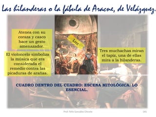 Prof. Félix González Chicote 145
Las hilanderas o la fábula de Aracne, de Velázquez.
CUADRO DENTRO DEL CUADRO: ESCENA MITOLÓGICA. LO
ESENCIAL.
Atenea con su
coraza y casco
hace un gesto
amenazador.
Tres muchachas miran
el tapiz, una de ellas
mira a la hilanderas.
El violoncelo simboliza
la música que era
considerada el
remedio contra las
picaduras de arañas.
 