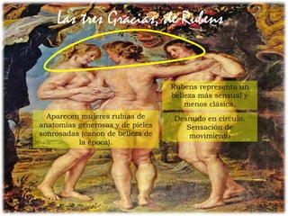 43Prof. Félix González Chicote
Las tres Gracias, de Rubens
Aparecen mujeres rubias de
anatomías generosas y de pieles
sonrosadas (canon de belleza de
la época).
Desnudo en círculo.
Sensación de
movimiento
Rubens representa un
belleza más sensual y
menos clásica.
 