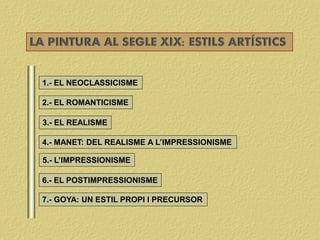 1.- EL NEOCLASSICISME
LA PINTURA AL SEGLE XIX: ESTILS ARTÍSTICS
2.- EL ROMANTICISME
3.- EL REALISME
5.- L’IMPRESSIONISME
6.- EL POSTIMPRESSIONISME
7.- GOYA: UN ESTIL PROPI I PRECURSOR
4.- MANET: DEL REALISME A L’IMPRESSIONISME
 