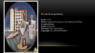 El óvalo de las apariciones
Fecha: 1918
Museo: Galleria Nazionale d´Arte Moderna di Roma
Características:
Estilo: Futurismo
Material: Oleo sobre lienzo
Copyright: (C) ARTEHISTORIA
 
