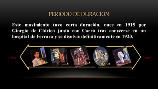 PERIODO DE DURACION
Este movimiento tuvo corta duración, nace en 1915 por
Giorgio de Chirico junto con Carrá tras conocerse en un
hospital de Ferrara y se disolvió definitivamente en 1920.
1920
1915
 