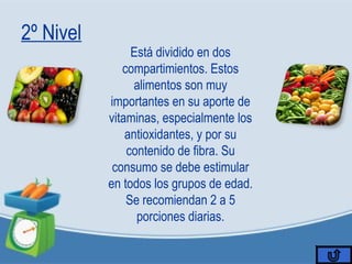 2º Nivel
Está dividido en dos
compartimientos. Estos
alimentos son muy
importantes en su aporte de
vitaminas, especialmente los
antioxidantes, y por su
contenido de fibra. Su
consumo se debe estimular
en todos los grupos de edad.
Se recomiendan 2 a 5
porciones diarias.
 