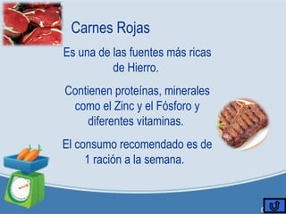 Carnes Rojas
Es una de las fuentes más ricas
de Hierro.
Contienen proteínas, minerales
como el Zinc y el Fósforo y
diferentes vitaminas.
El consumo recomendado es de
1 ración a la semana.
 