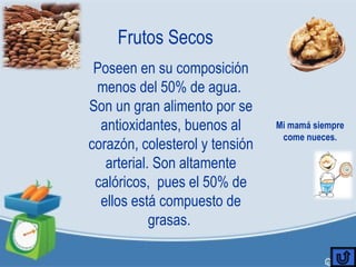 Frutos Secos
Poseen en su composición
menos del 50% de agua.
Son un gran alimento por se
antioxidantes, buenos al
corazón, colesterol y tensión
arterial. Son altamente
calóricos, pues el 50% de
ellos está compuesto de
grasas.
Mi mamá siempre
come nueces.
 
