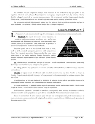 LA PIRÁMIDE DEL ÉXITO por John R. Wooden
Traducción libre y compilación por Rogelio Carrillo Penso 01.11.00 Página No. 12
COOPERACOOPERACOOPERACOOPERA
CIONCIONCIONCION
LABORIOLABORIOLABORIOLABORIO
SIDADSIDADSIDADSIDAD
AMISTADAMISTADAMISTADAMISTAD LEALTADLEALTADLEALTADLEALTAD ENTUENTUENTUENTU
SIASMOSIASMOSIASMOSIASMO
PERSE-PERSE-PERSE-PERSE-
VERANCIAVERANCIAVERANCIAVERANCIA
INICIATIVAINICIATIVAINICIATIVAINICIATIVA
MANTEMANTEMANTEMANTE
NERSENERSENERSENERSE
ALERTASALERTASALERTASALERTAS
AUTOAUTOAUTOAUTO
CONTROLCONTROLCONTROLCONTROL
CONDICONDICONDICONDI
CIONCIONCIONCION
DESTREZADESTREZADESTREZADESTREZA
ESPIRITUESPIRITUESPIRITUESPIRITU
DE EQUIPODE EQUIPODE EQUIPODE EQUIPO
CARACTERCARACTERCARACTERCARACTER CONFIANZACONFIANZACONFIANZACONFIANZA
GRANDEZAGRANDEZAGRANDEZAGRANDEZA
COMPETITIVACOMPETITIVACOMPETITIVACOMPETITIVA
EXITOEXITOEXITOEXITO
Los verdaderos ases de la competencia saben que existe una euforia de estar involucrado en algo que significa un reto
importante. Ellos no le temen, la buscan. No existe placer en hacer algo que cualquiera puede hacer, algo corriente, ordinario,
fácil. Sin embargo, la mayoría de las cosas que hacemos en nuestra vida son sumamente sencillas. Cualquiera puede hacerlas.
Ellas no le van a brindar la excitación que nace de estar involucrado en algo que reta su cuerpo, su mente y su espíritu.
Las personas con espíritu de alta competencia aman el reto, ellos saben que el reto les brinda la oportunidad para hacer lo
mejor que pueden. Esta excitación y la forma como se canaliza hace la Grandeza Competitiva.
EL CEMENTO: PACIENCIA Y FÉ
a Paciencia y la Fe están presentes a todo lo largo de la pirámide y son como el cemento que permite mantenerla unida.
PACIENCIA: La mayoría de nosotros somos impacientes. A
medida que maduramos, pensamos que sabemos más y que las cosas
deberían suceder más rápidamente. Paciencia es la virtud de prepararse para
cualquier realización de significado. Toma tiempo crear la excelencia, si
pudiera hacerse rápidamente, muchos más pudieran hacerlo.
La comida que Ud. pide en un sitio de comida rápida puede ser barata,
puede ser rápida, hasta pueda que sepa bien, pero nunca será lo que pudiéramos
llamar: “Una experiencia gastronómica digna de recordar“. Las cosas buenas
toman tiempo y eso requiere paciencia. Grandeza Competitiva requiere
paciencia. Excelencia requiere paciencia, pero sobre todo, el Éxito requiere
paciencia.
FE: También creo que uno debe tener fe en que las cosas van a suceder como debe ser. Tomen conciencia que no estoy
diciendo que necesariamente las cosas van a pasar como queremos.
Sin embargo, debemos creer que las cosas van a suceder como deben si hemos hecho lo que debemos. Con eso sí podemos
estar conformes.
LA CIMA: En la parte más alta de la Pirámide está la cima. En la nuestra la cima es el Éxito. Por sobre los bloques de
Grandeza Competitiva y más allá de la Paciencia y la Fe, representando la culminación de todas las cualidades presentes abajo,
está el Éxito.
El verdadero éxito se logra sólo a través de la satisfacción de saber que hicimos todo lo que pudimos, dentro de las
limitaciones de nuestras habilidades, para transformarnos en lo mejor que somos capaces.
El éxito no es perfección. Es imposible lograr la perfección, pero intentar alcanzar la perfección es la meta. El éxito es hacer
el 100% de esfuerzo a través de nuestra mente, de nuestro cuerpo, de nuestra alma.
Como entrenador, o profesor, o como líder, Ud. debe llevar a sus seguidores al más alto nivel de competencia y entonces
enfrentar el verdadero reto de agruparlos en un equipo. Esto no es nada fácil; la Pirámide les enseña una forma de hacerlo.
Lo que es más importante de darnos cuenta es que el éxito esta bajo nuestro propio control, no de nuestros jueces, o de
nuestros oponentes, o de nuestros críticos, o de cualquiera. Es su decisión y es una decisión que Ud. debe tomar, la oportunidad de
determinar su propio éxito.
L
 