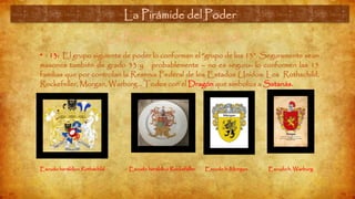 La Pirámide del Poder (10)
• 13: El grupo siguiente de poder lo conforman el “grupo de los 13”. Seguramente sean
masones también de grado 33 y probablemente – no es seguro- lo conformen las 13
familias que por controlan la Reserva Federal de los Estados Unidos: Los Rothschild,
Rockefeller, Morgan, Warburg… Todos con el Dragón que simboliza a Satanás.
Escudo heráldico Rothschild Escudo heráldico Rockefeller Escudo h. Morgan Escudo h. Warburg
La Pirámide del Poder
 