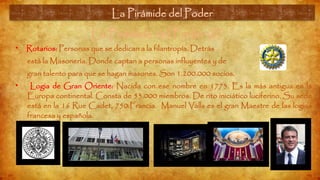 La Pirámide del Poder (6)
• Rotarios: Personas que se dedican a la filantropía. Detrás
está la Masonería. Donde captan a personas influyentes y de
gran talento para que se hagan masones. Son 1.200.000 socios.
• Logia de Gran Oriente: Nacida con ese nombre en 1773. Es la más antigua en la
Europa continental. Consta de 53.000 miembros. De rito iniciático luciferino. Su sede
está en la 16 Rue Cadet, 750.Francia. Manuel Valls es el gran Maestre de las logias
francesa y española.
La Pirámide del Poder
[2]
 