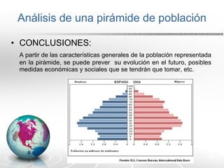 Análisis de una pirámide de población CONCLUSIONES:  A partir de las características generales de la población representada en la pirámide, se puede prever  su evolución en el futuro, posibles medidas económicas y sociales que se tendrán que tomar, etc. 