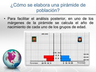 ¿Cómo se elabora una pirámide de población? Para facilitar el análisis posterior, en uno de los márgenes de la pirámide se calcula el año de nacimiento de cada uno de los grupos de edad. 